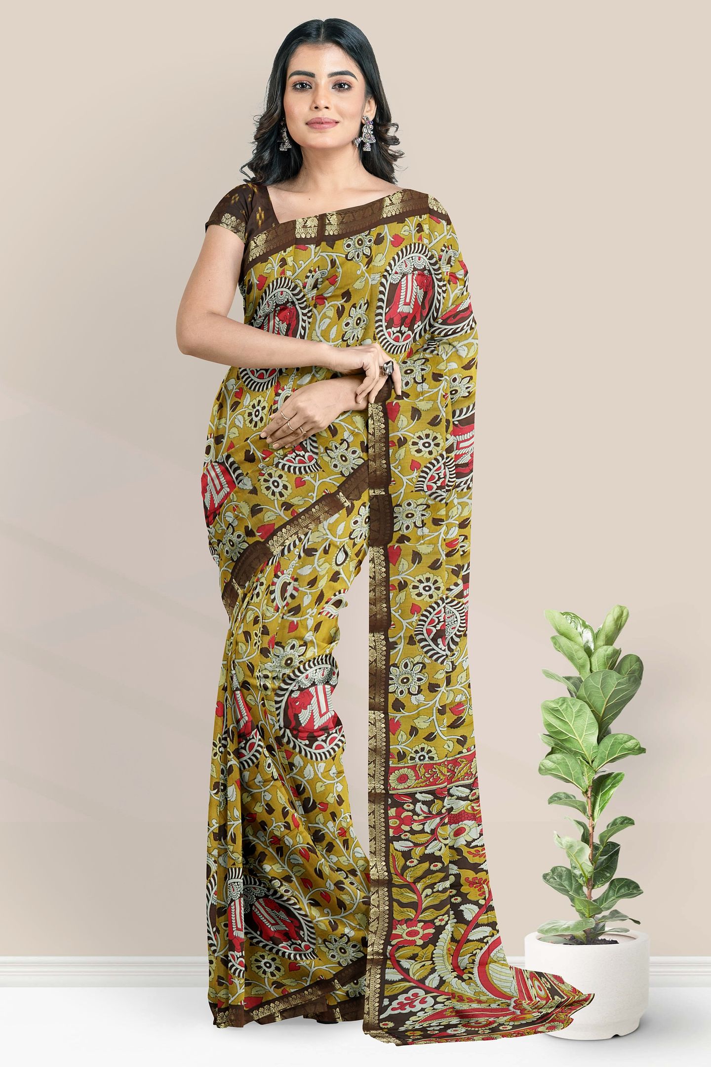 Cotton And Silk Kalamkari Print Musatard Yellow With Brown Saree