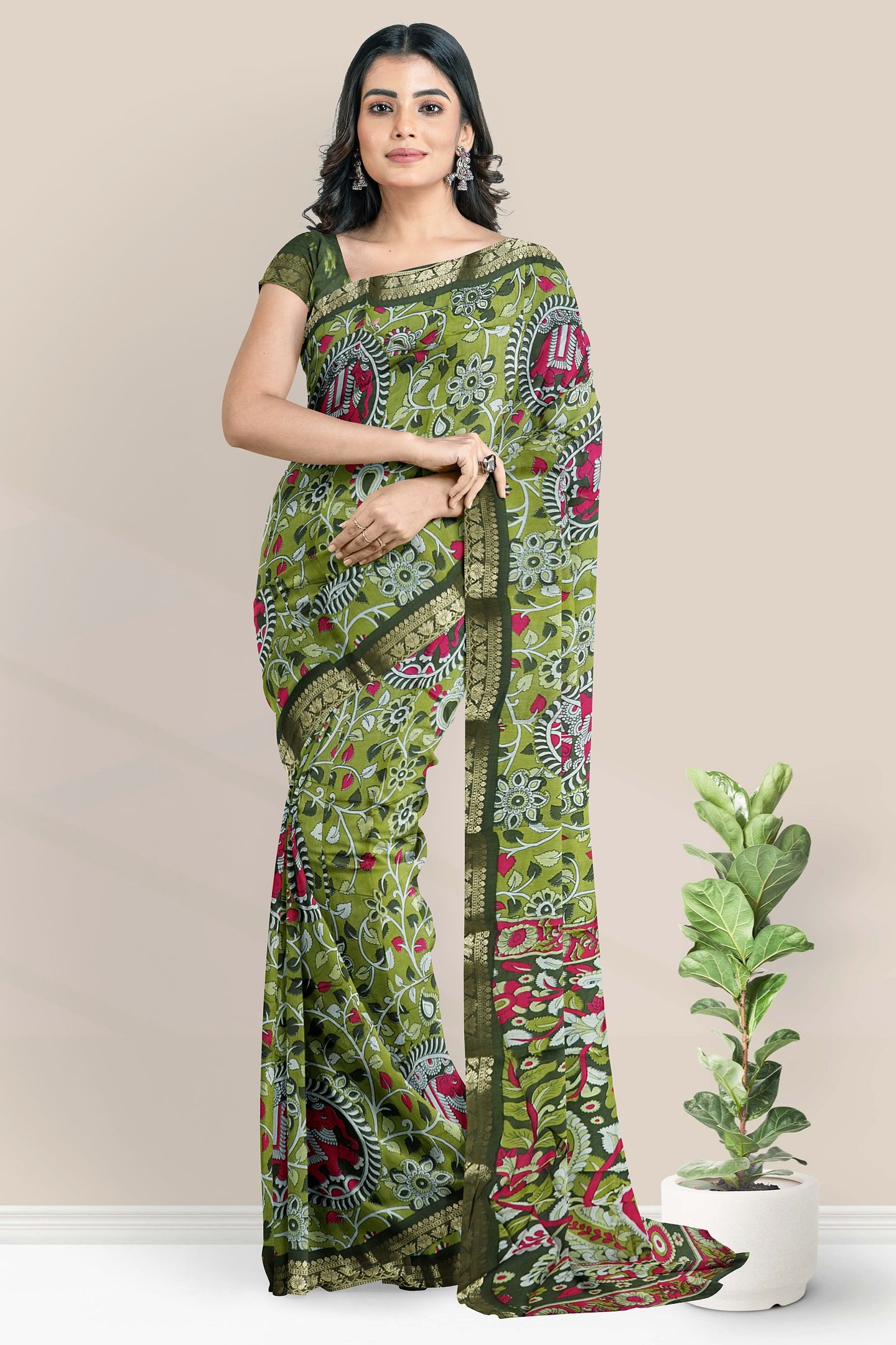 Cotton And Silk Kalamkari Print Mehandi Green With Dark Green Saree