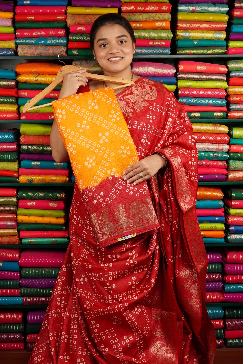 Soft Tussur Silk Bandini Print Yellow And Red Saree