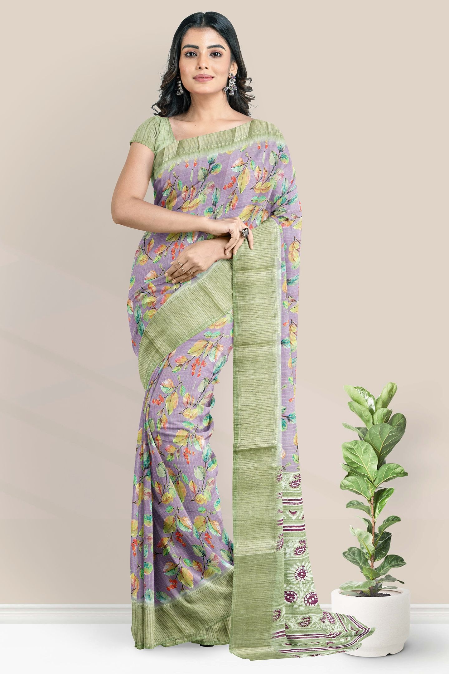 Fancy Gadi Silk Leaf Digital Print Light Brinjal With Green Saree