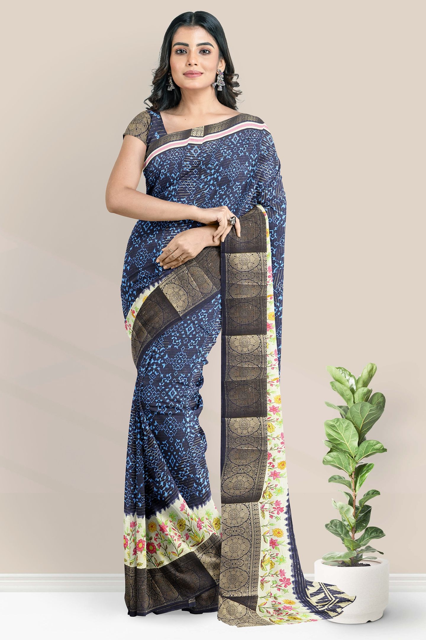 Fancy Doriya Silk Ikkath Printed Design Dark Navy Blue Saree