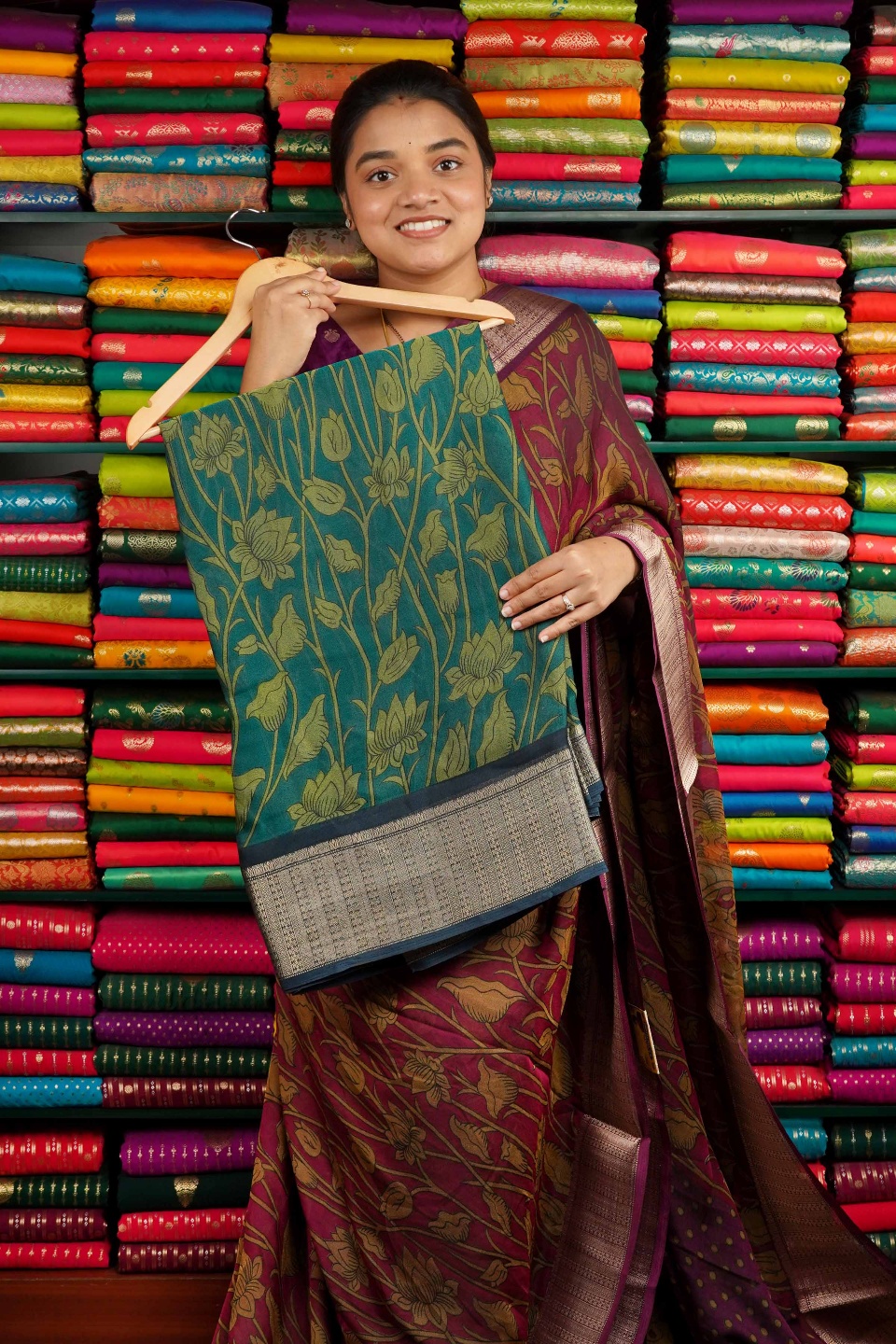 Modal Silk Printed Dark Rama Green And Dark Blue Saree
