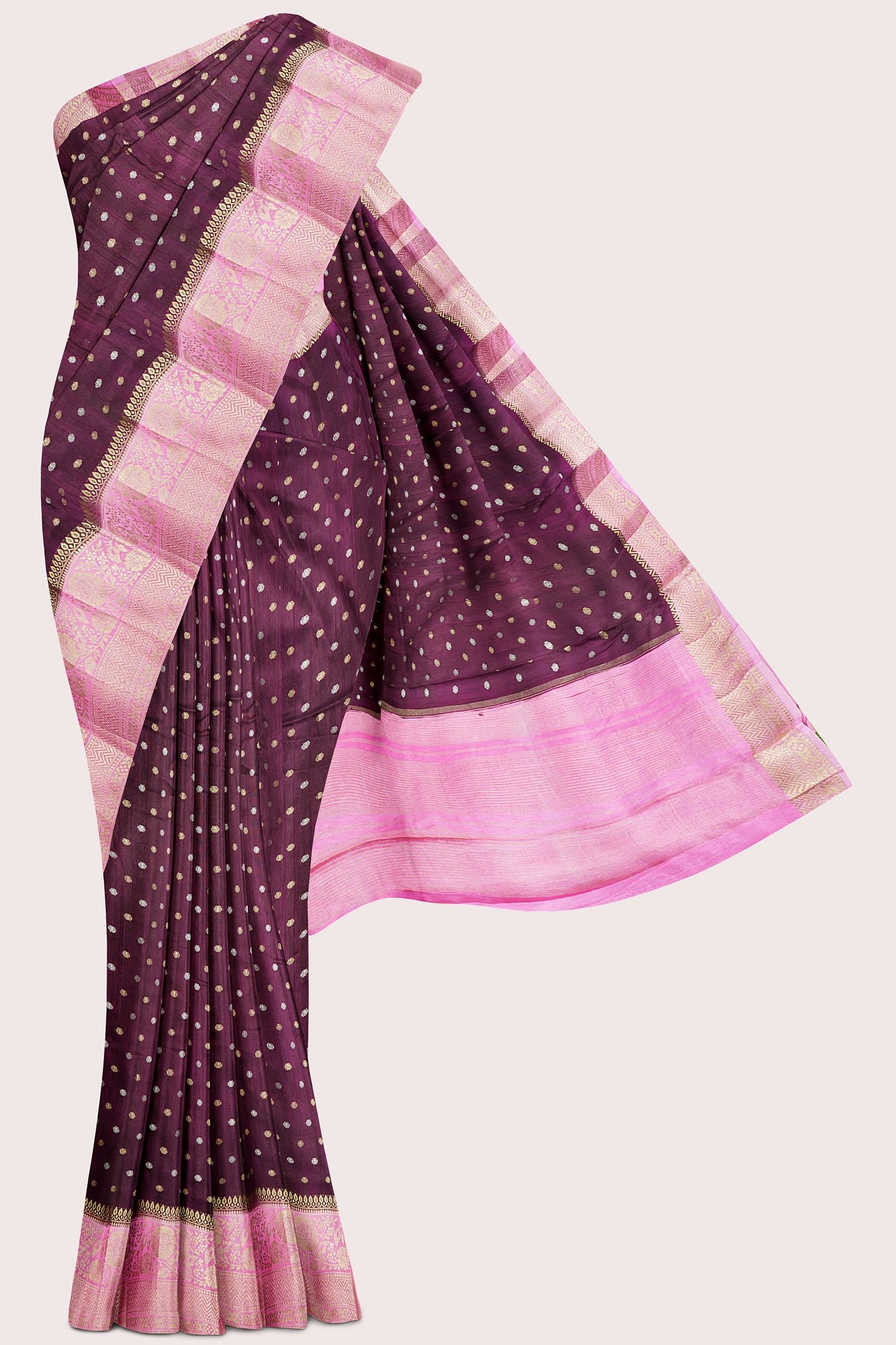 Jute Silk Zari Weaving Butta Wine With Baby Pink Saree
