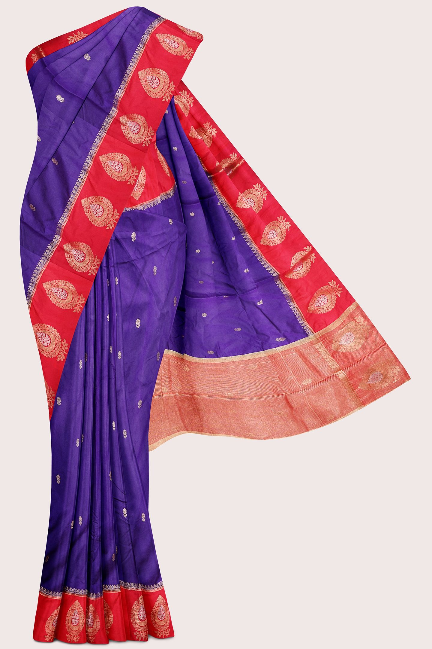Fanky Silk Gold Zari Flower Butti Blue With Pink And Red Mix Saree