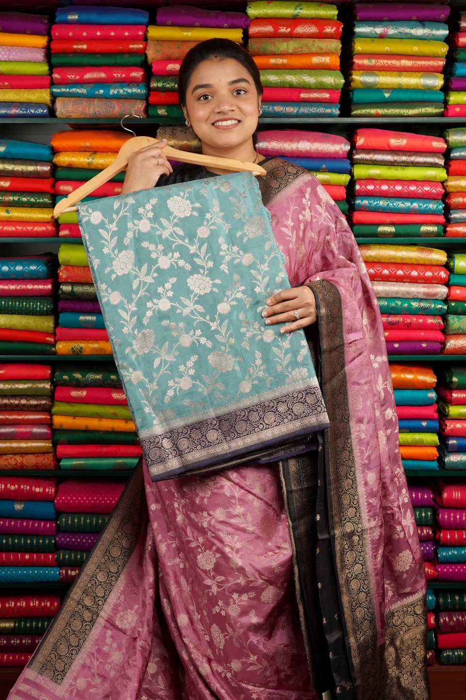 Banarasi Crepe Full Jaal Design Teal  Blue And Dark Navy Blue Saree