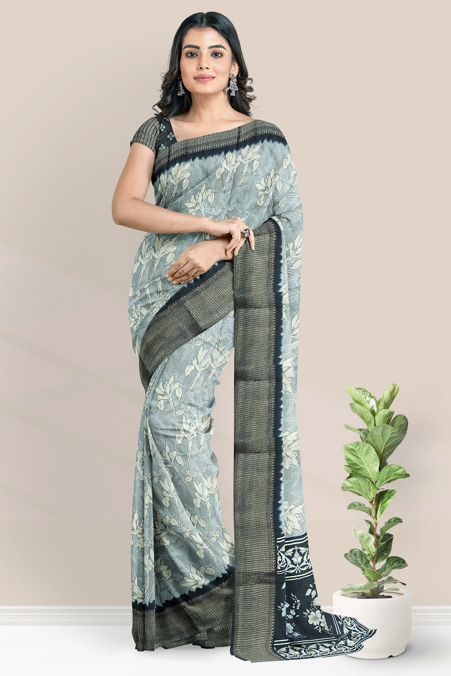 Soft Crushed Silk Brocade Border Digital Print Ash With Black Saree