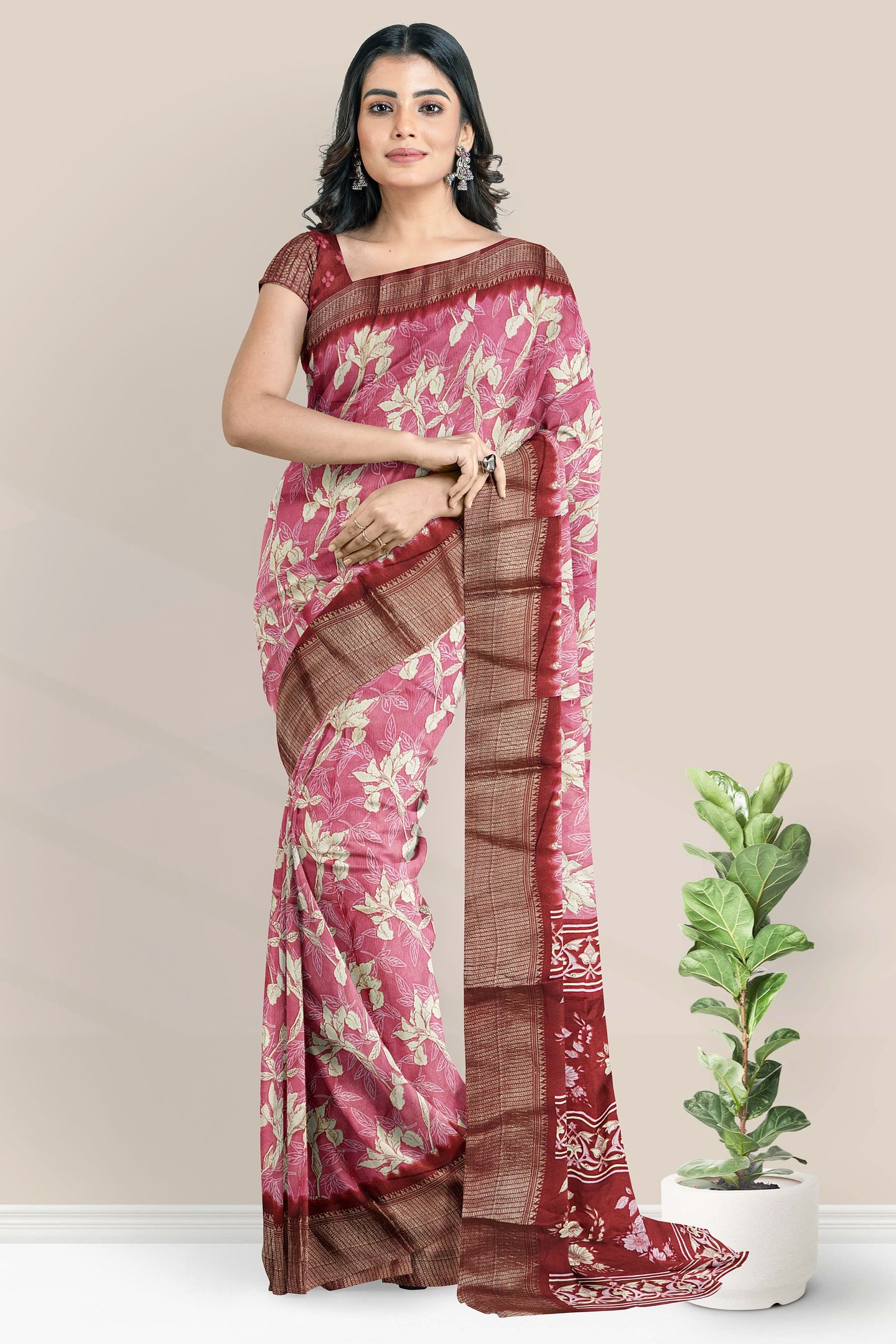 Soft Crushed Silk Brocade Border Digital Print Pink With Maroon Saree