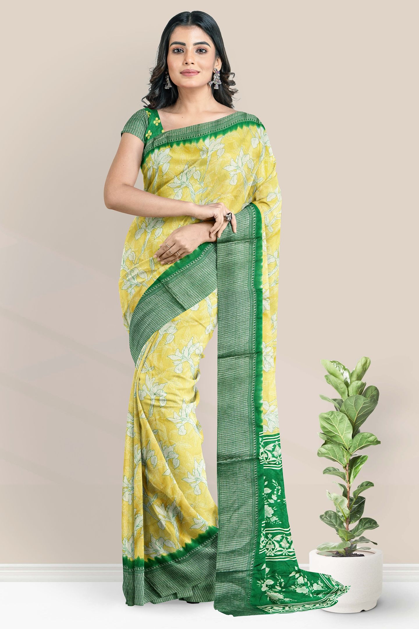 Soft Crushed Silk Brocade Border Digital Print Yellow With Green Saree