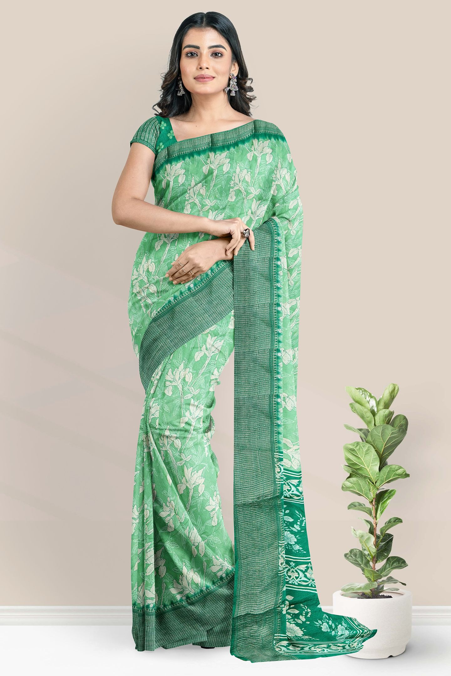 Soft Crushed Silk Brocade Border Digital Print Light And Dark Green Saree