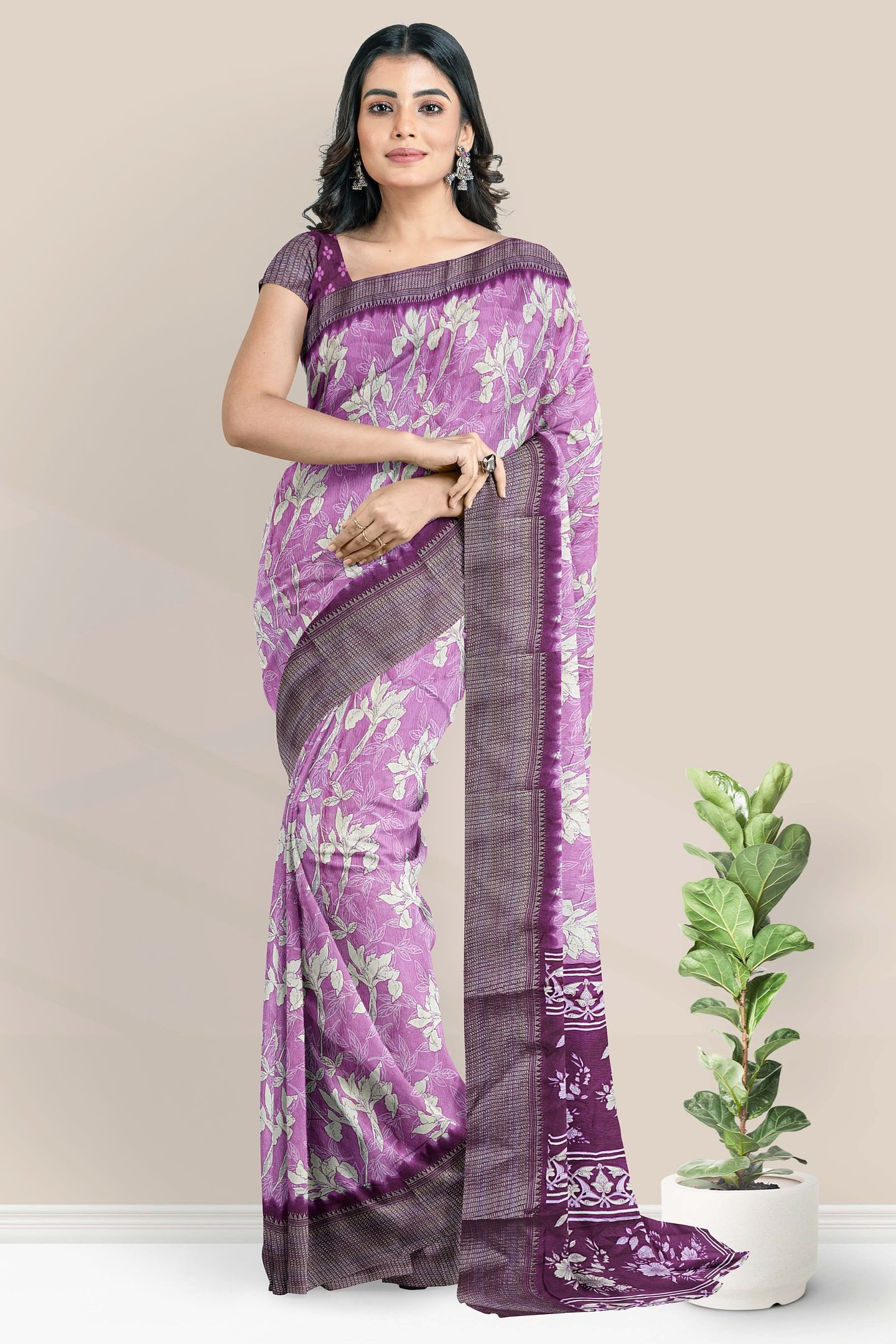 Soft Crushed Silk Brocade Border Digital Print Magenata Pink With Wine Saree
