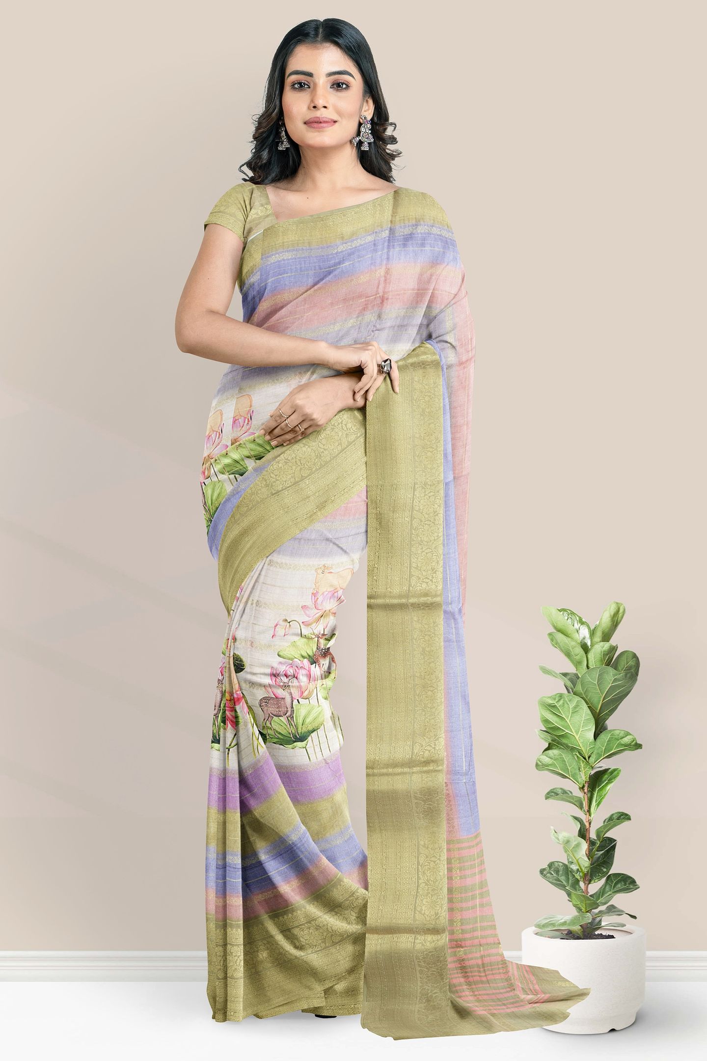 Semi Dola Silk Pichwai Digital Print Lavender And Purple With Pestle Green Saree