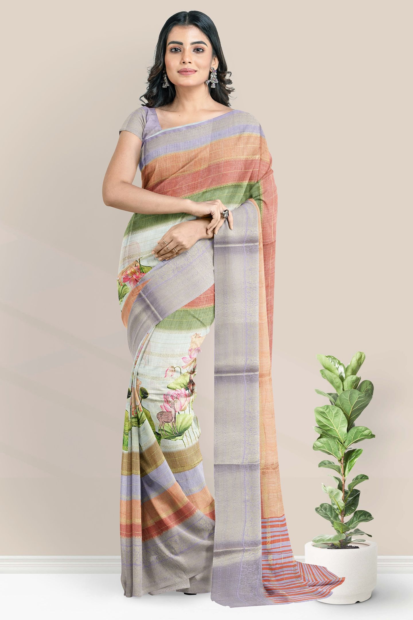 Semi Dola Silk Pichwai Digital Print Orange And Maroon With Lavender Saree