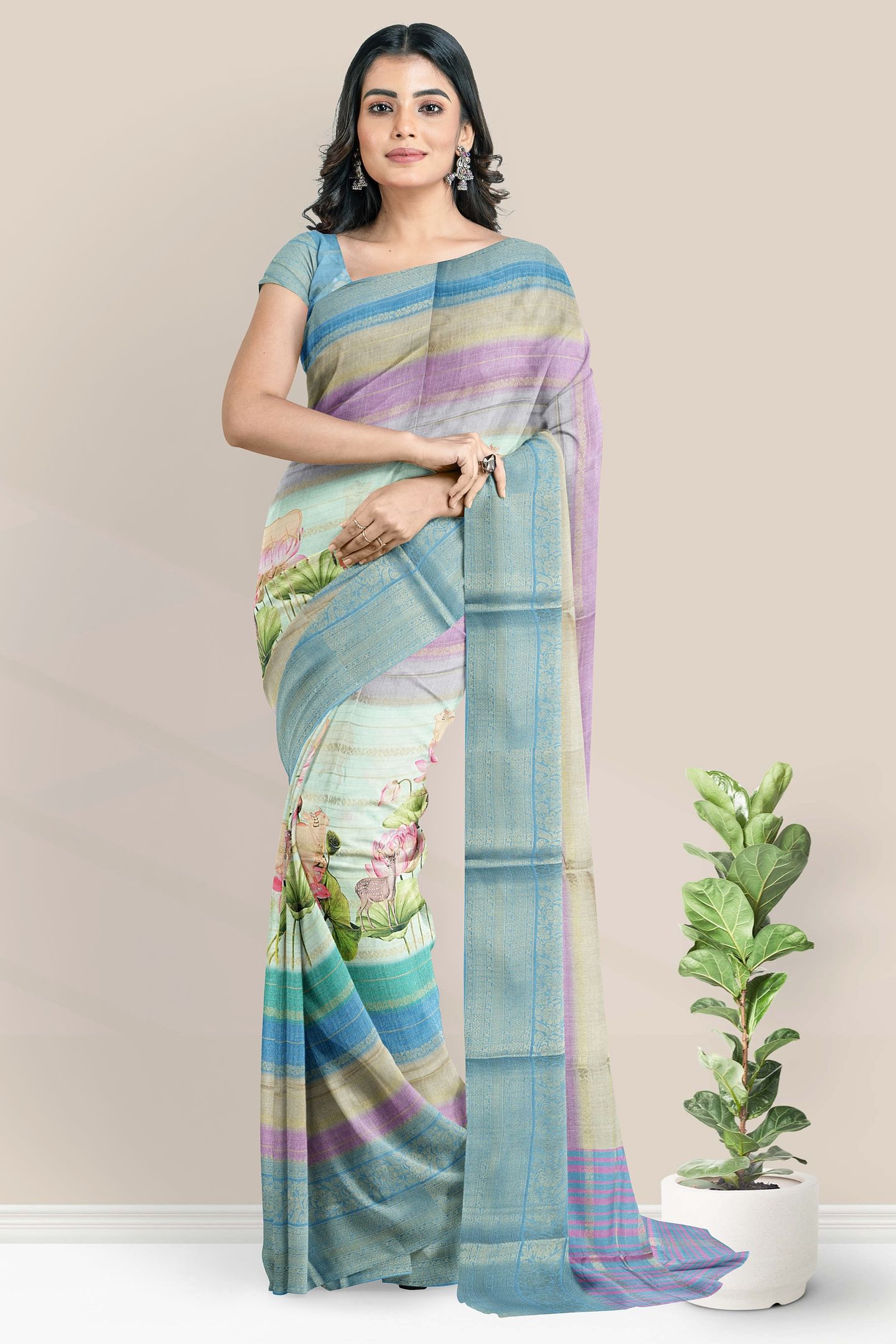 Semi Dola Silk Pichwai Digital Print Snuff And Ash Brinjal With Blue Saree