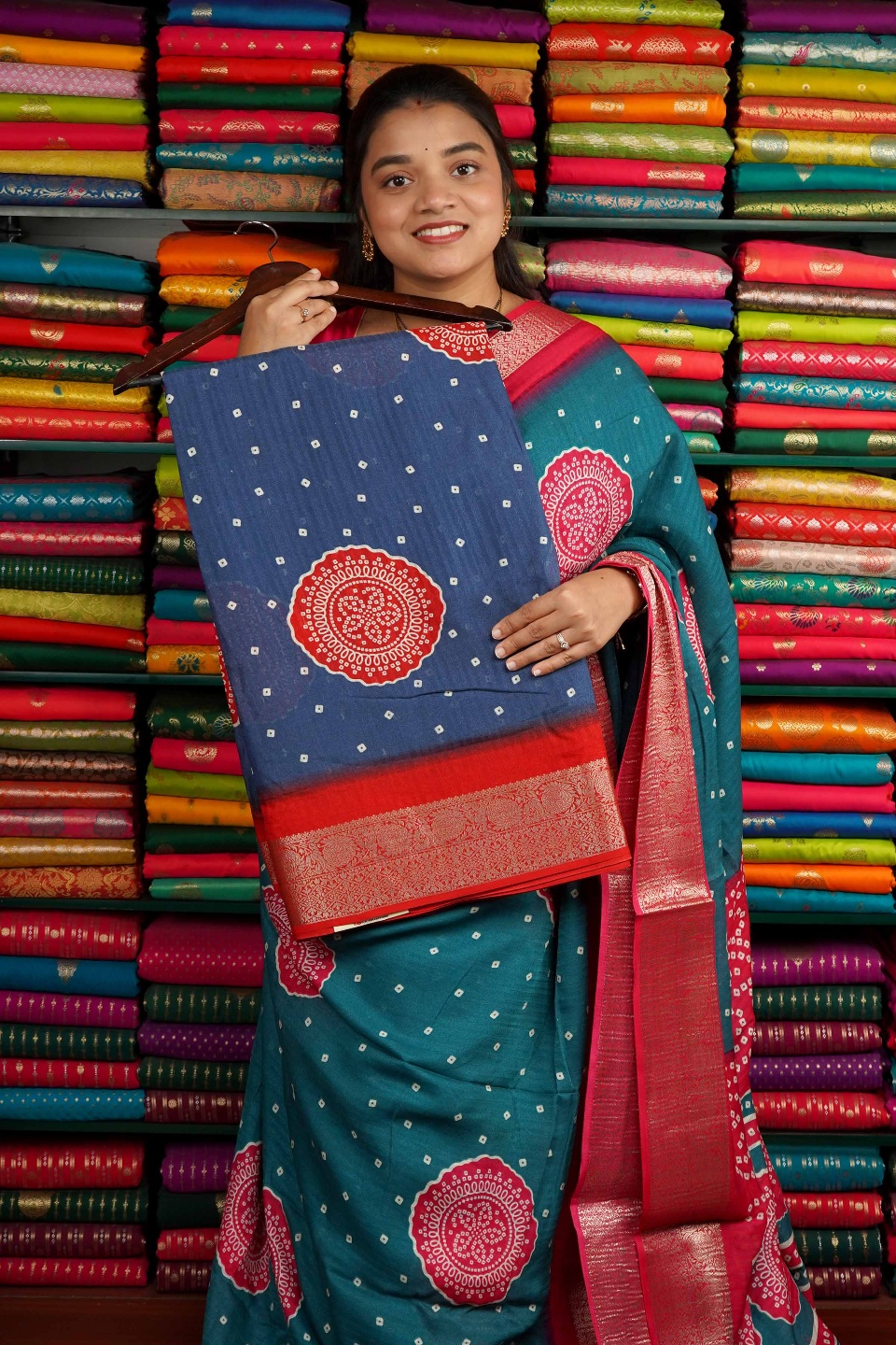 Semi Dola Silk Bandini Print Dusky Blue And Red Saree