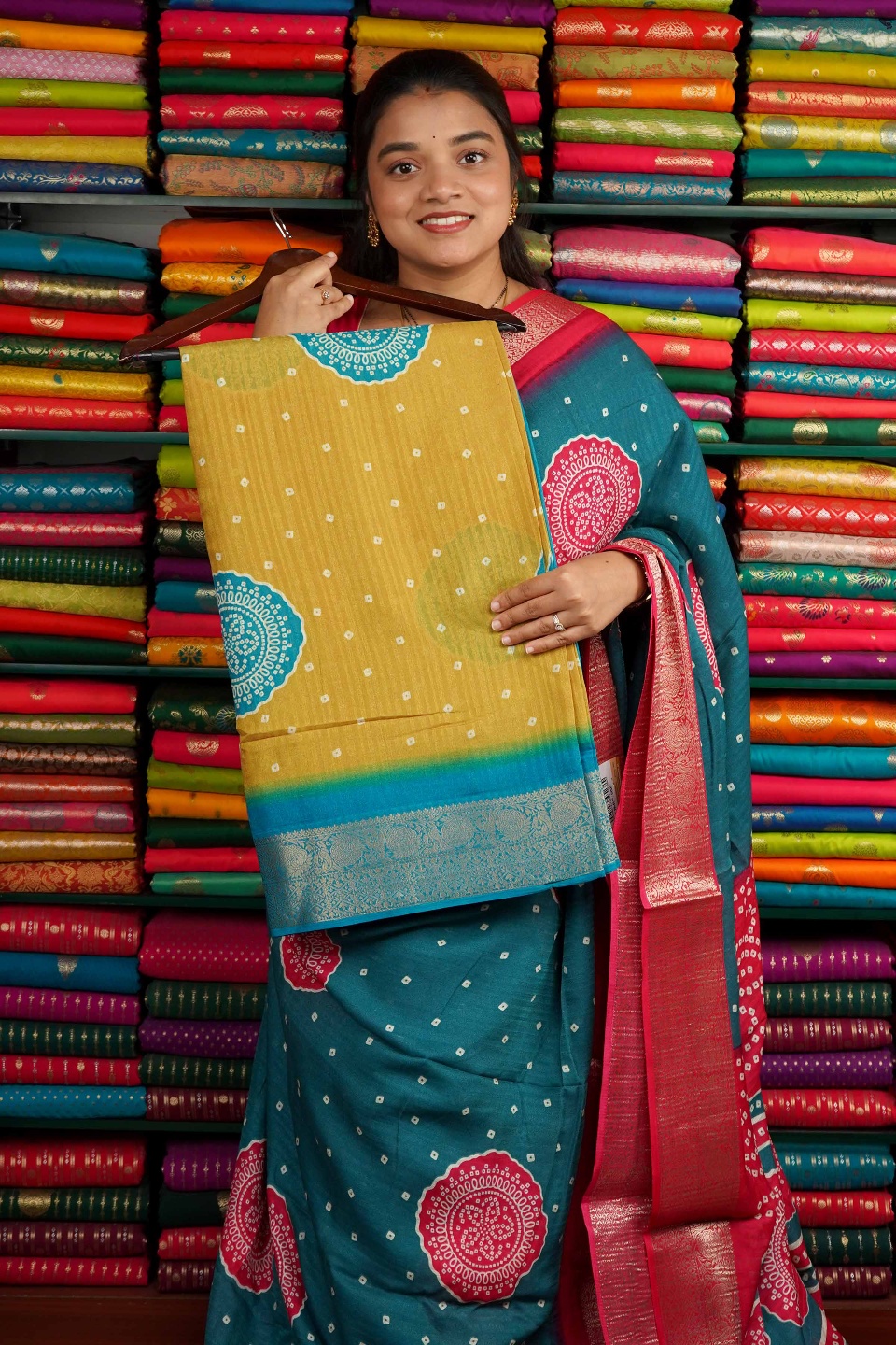 Semi Dola Silk Bandini Print Yellow And Coppersulphate Blue Saree