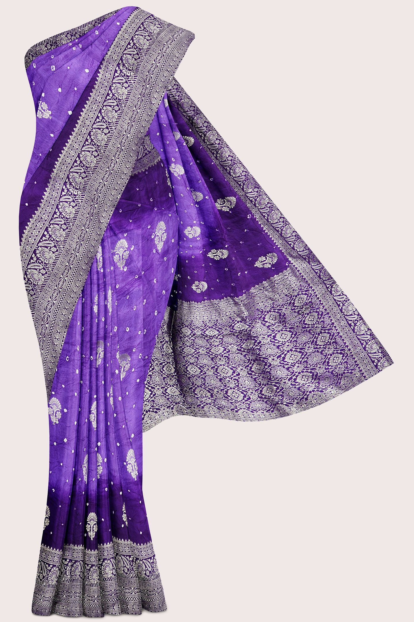 Pure Bandini Tie And Dye Lavender With Dark Purple Saree