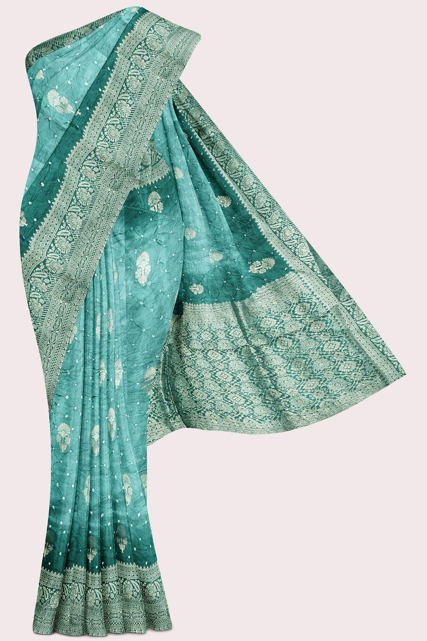 Pure Bandini Tie And Dye Light And Dark Teal Green Saree
