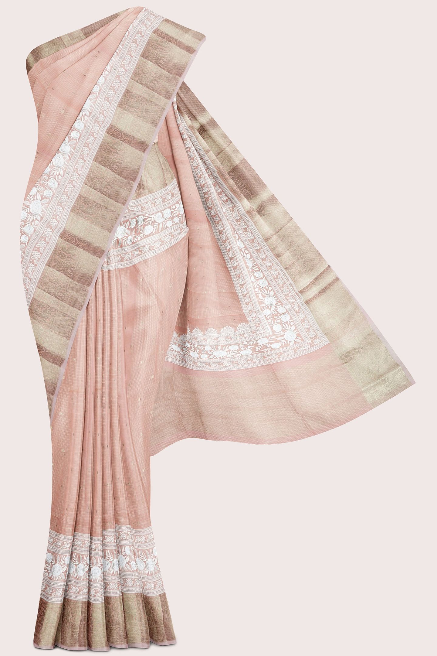 Pure Silk Kota Embroidery Work Zari Weaving Butta Peach Saree