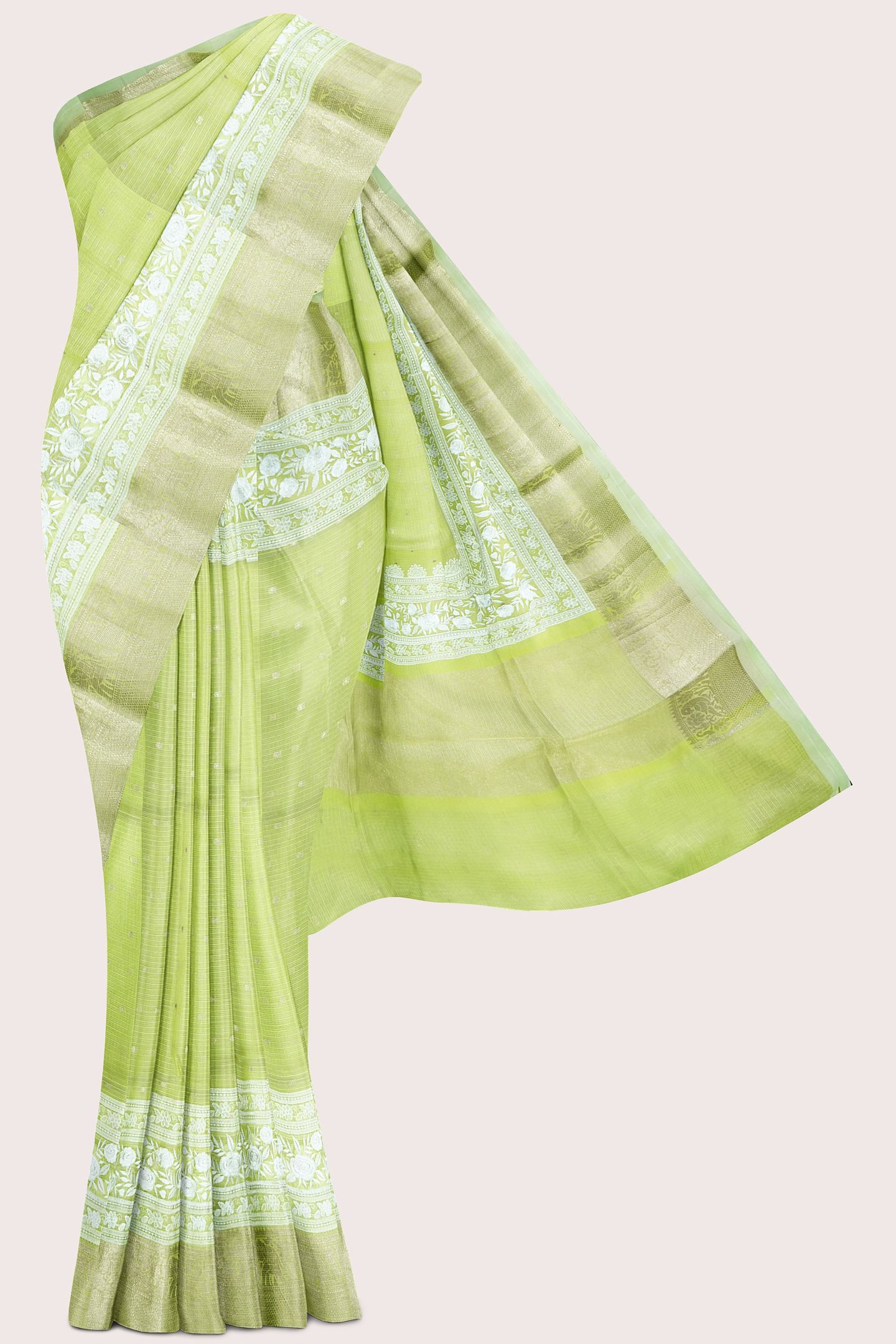 Pure Silk Kota Embroidery Work Zari Weaving Butta Light Parrot Green Saree