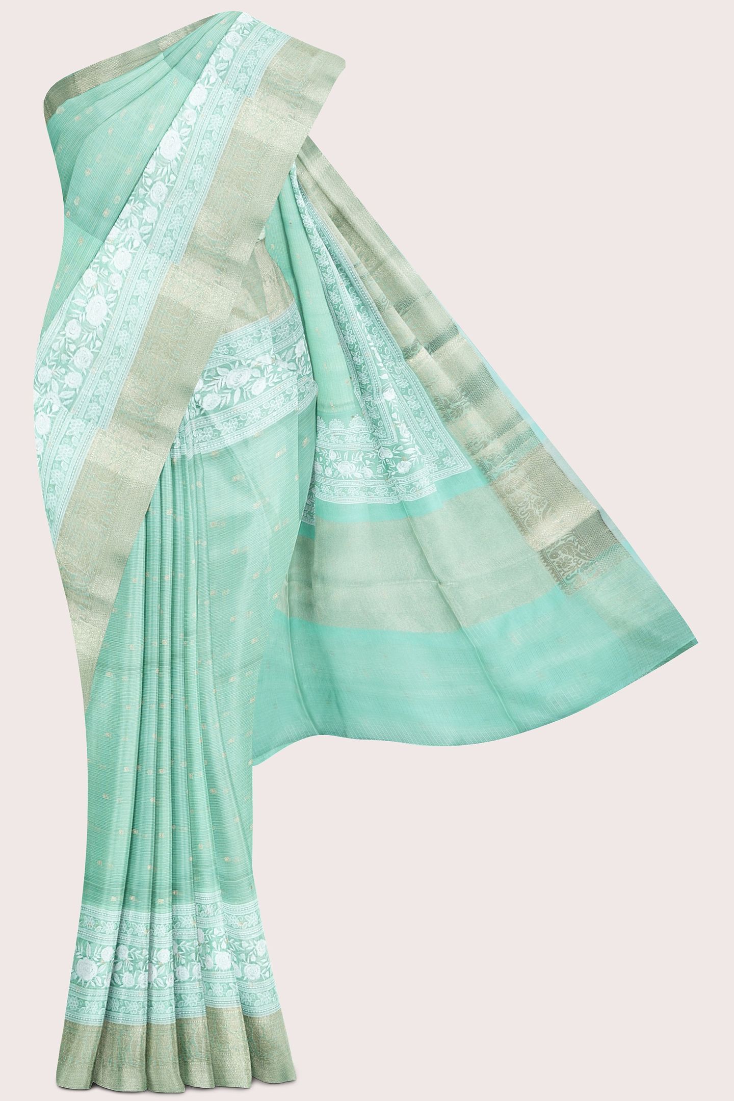 Pure Silk Kota Embroidery Work Zari Weaving Butta Light Green Saree