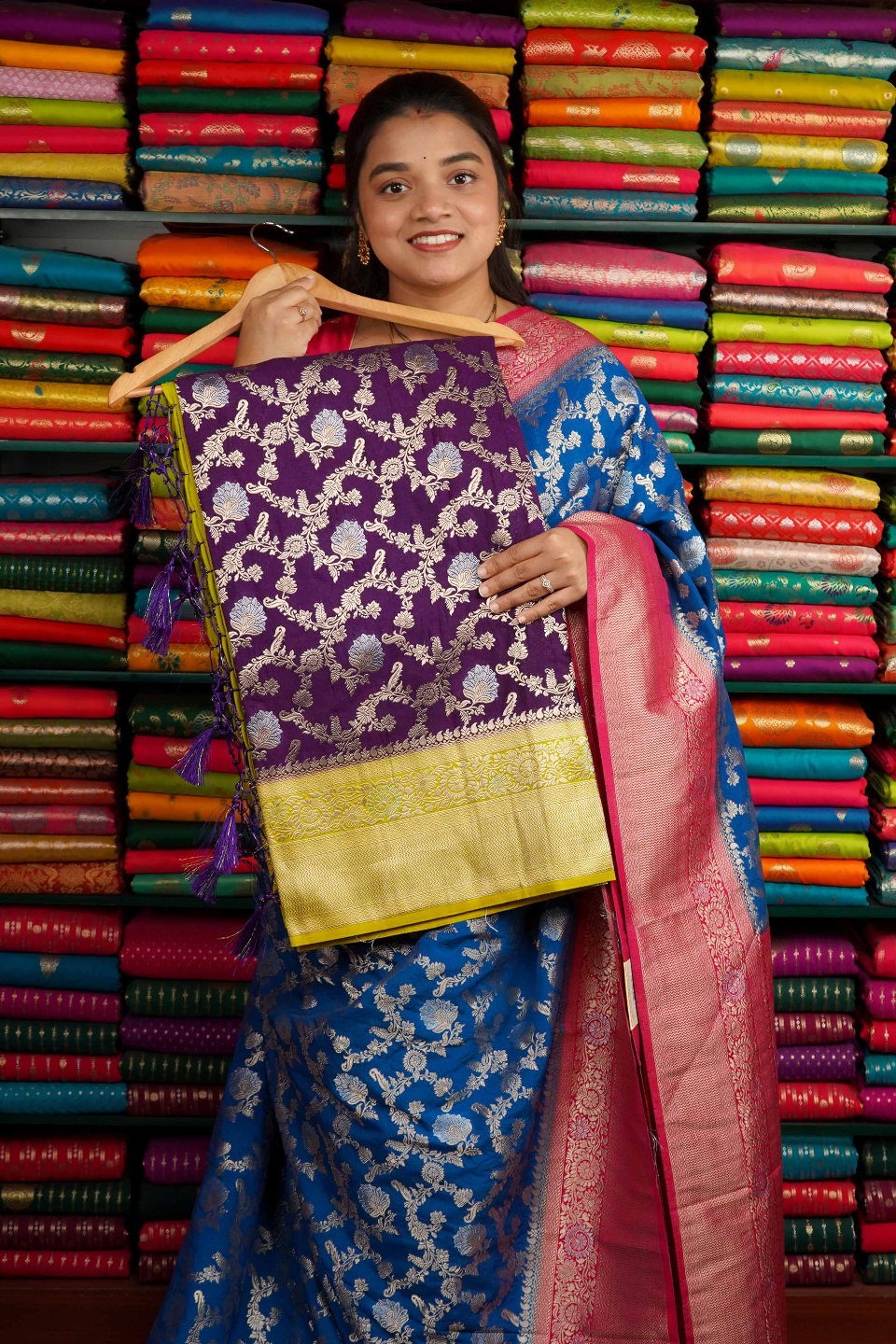 Banarasi Georgette All Over Zari Dark Purple And Yellow Saree