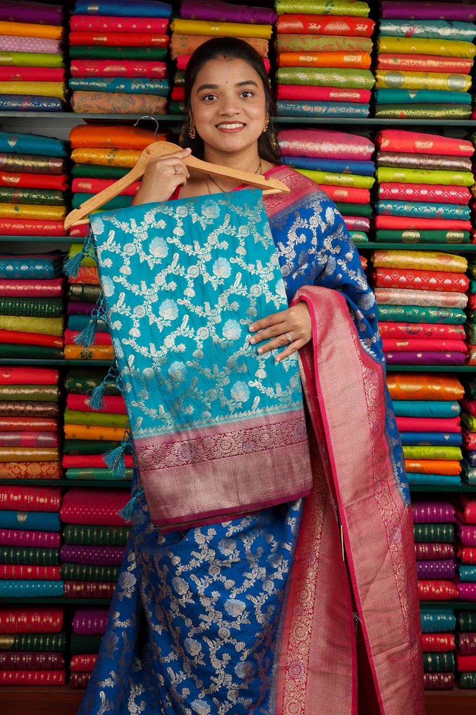 Banarasi Georgette All Over Zari Coppersulphate Blue And Wine Saree