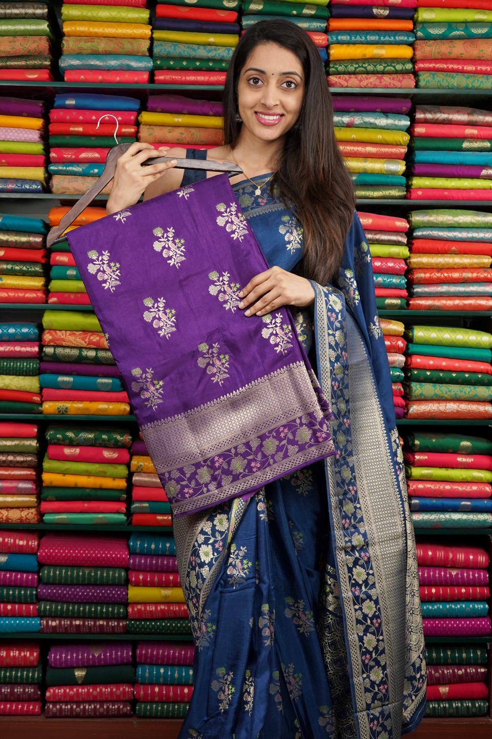 Mashru Silk Flower Butti Dark Purple Saree