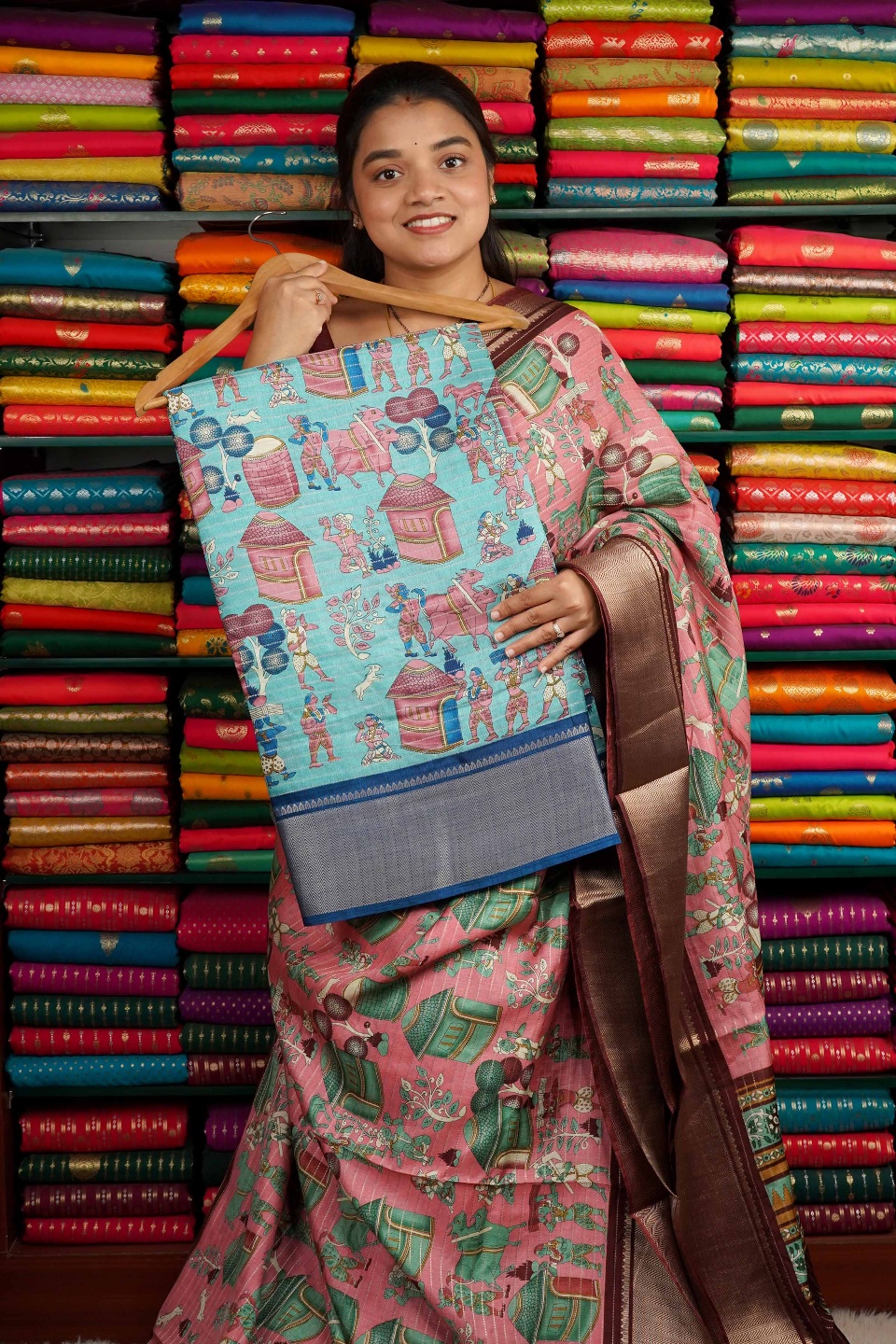 Soft Jute Silk Kalamkari Print Sea Blue And Royal Blue Saree