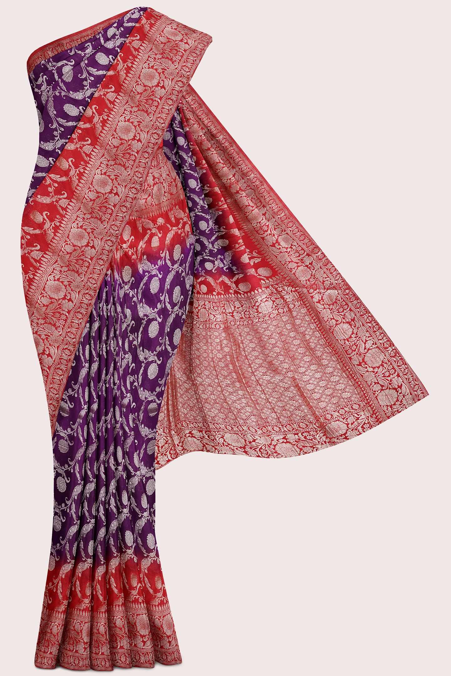 Banaras Georgette Tie And Dye Brinjal With Red Saree