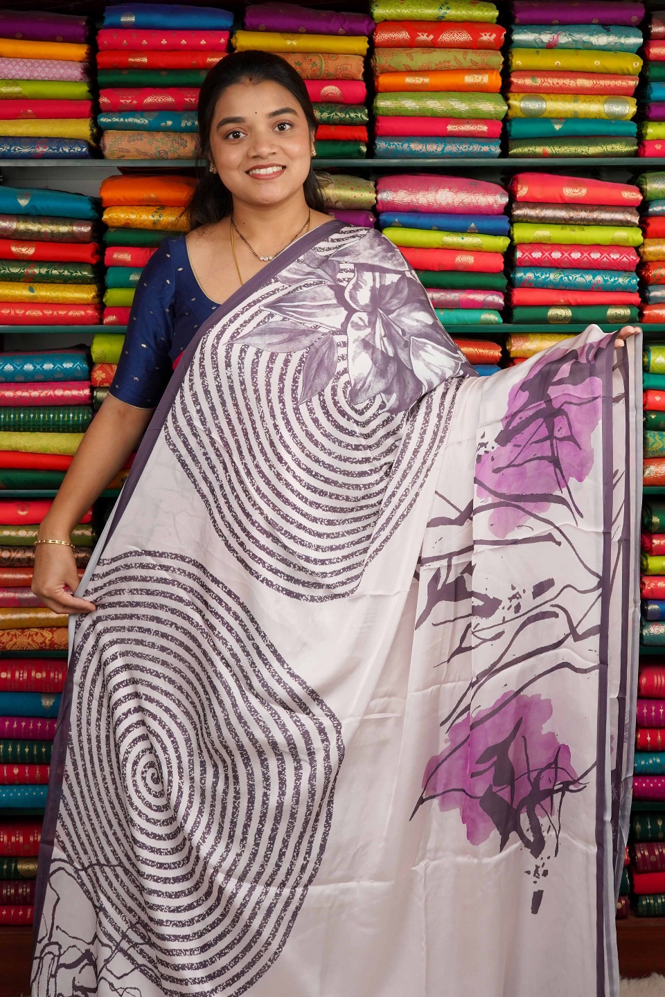 Italian Crepe Digtal Print Half White And Dusky Purple Saree