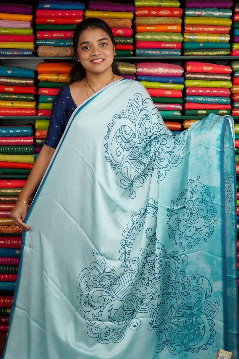Italian Crepe Digtal Print Light Sea Blue And Peacock Blue Saree