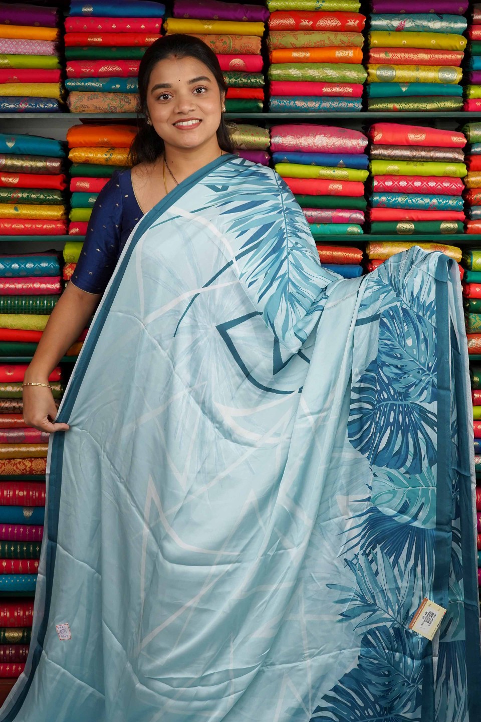 Italian Crepe Digtal Print Light And Dark Sea Blue Saree
