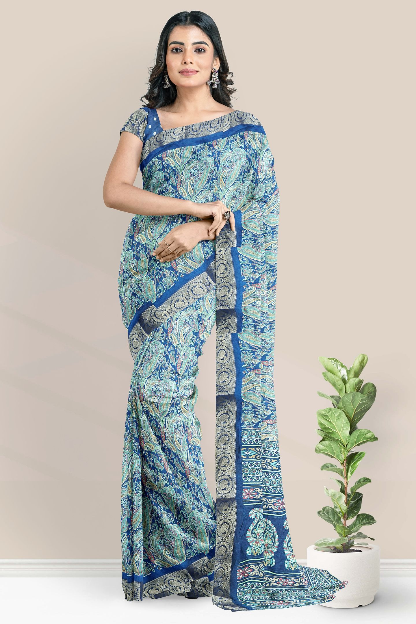 Emboose Silk Gold Zari Weaving Digital Print Bright Blue Saree