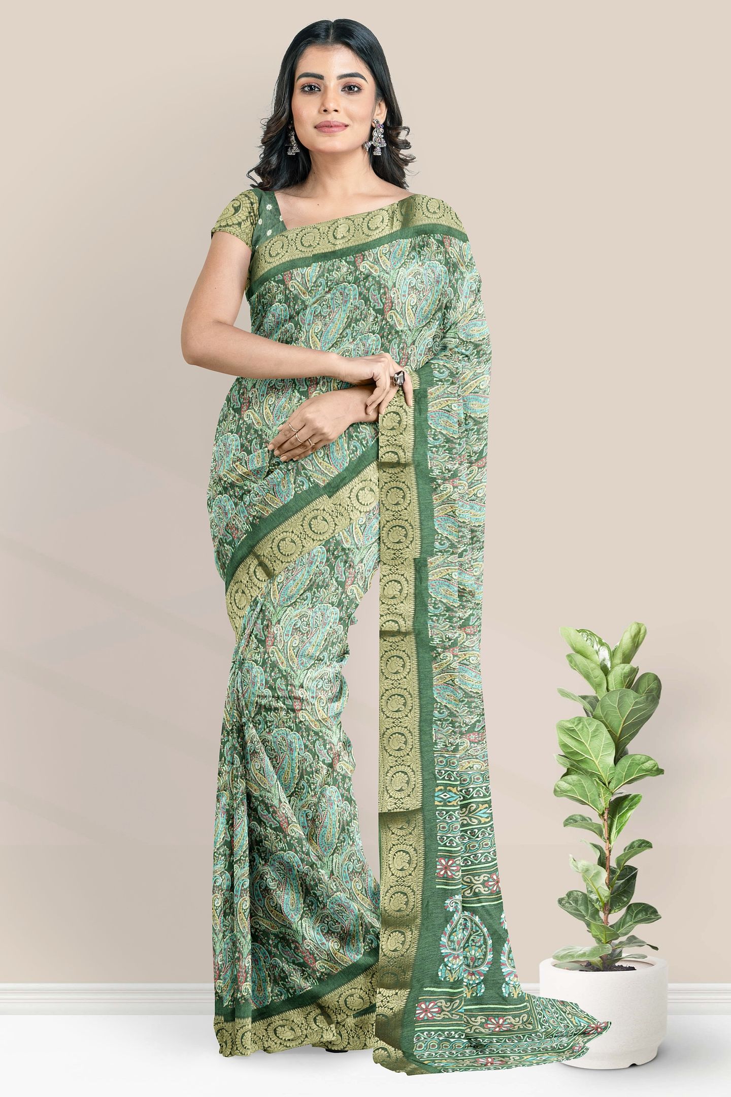 Emboose Silk Gold Zari Weaving Digital Print Mehandi Green Saree