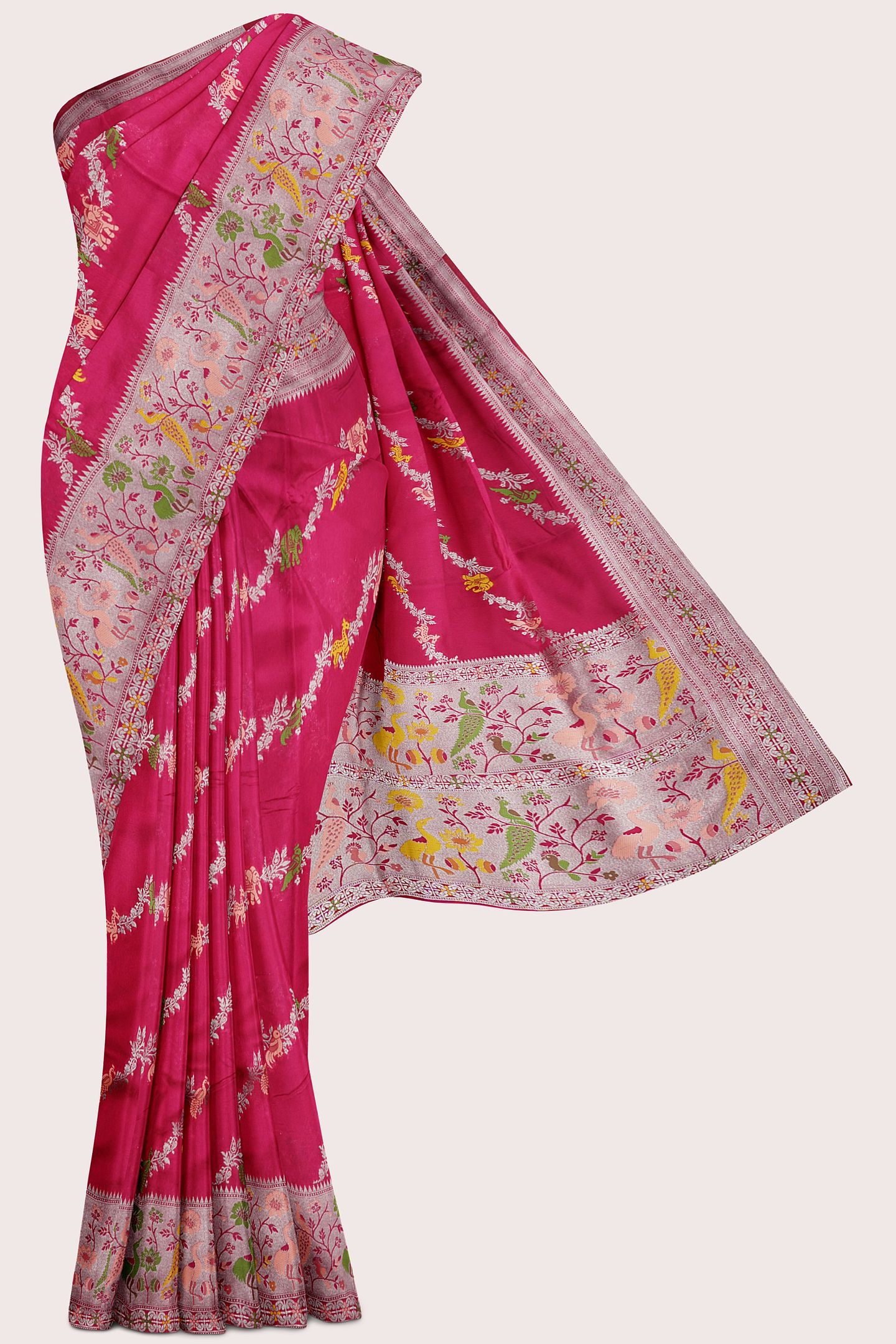 Fancy Silk Paithani Border And Leheriya Design Bright Pink Saree