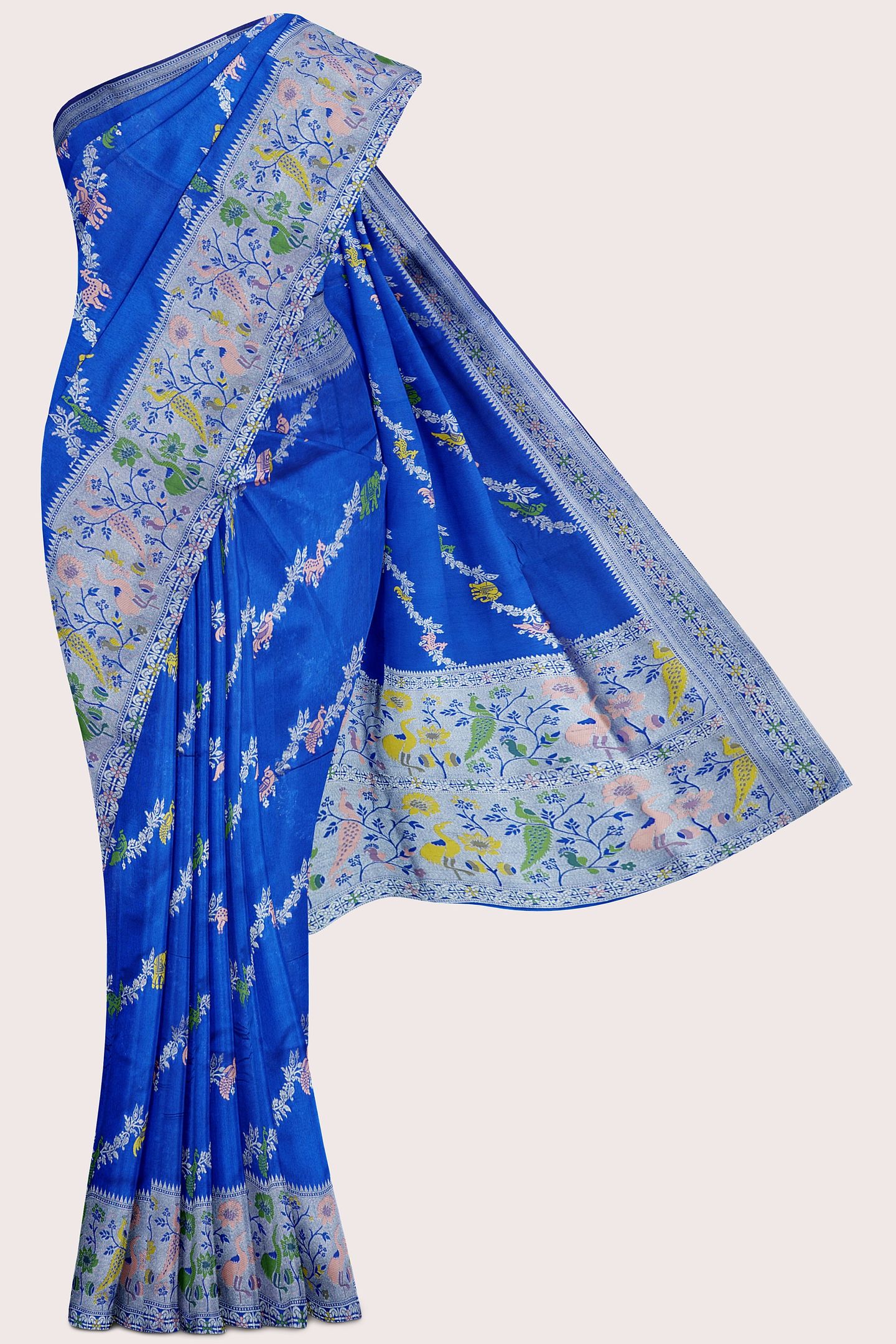 Fancy Silk Paithani Border And Leheriya Design Bright Blue Saree