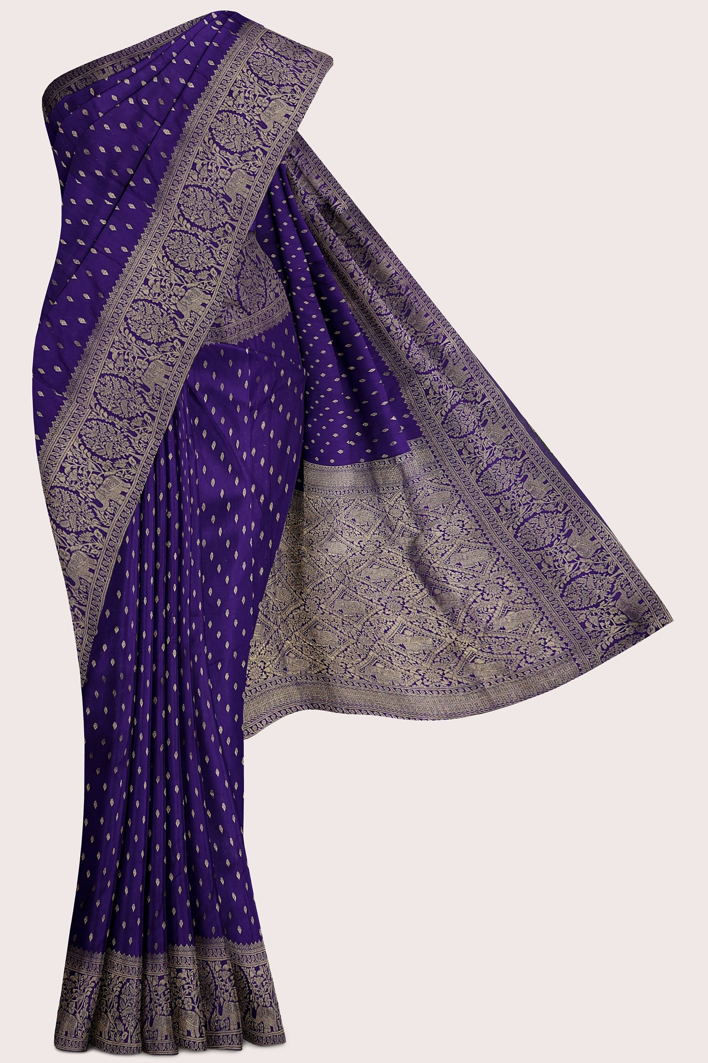 Muslin Georgette Gold Zari Weaving Butta Dark Purple Saree
