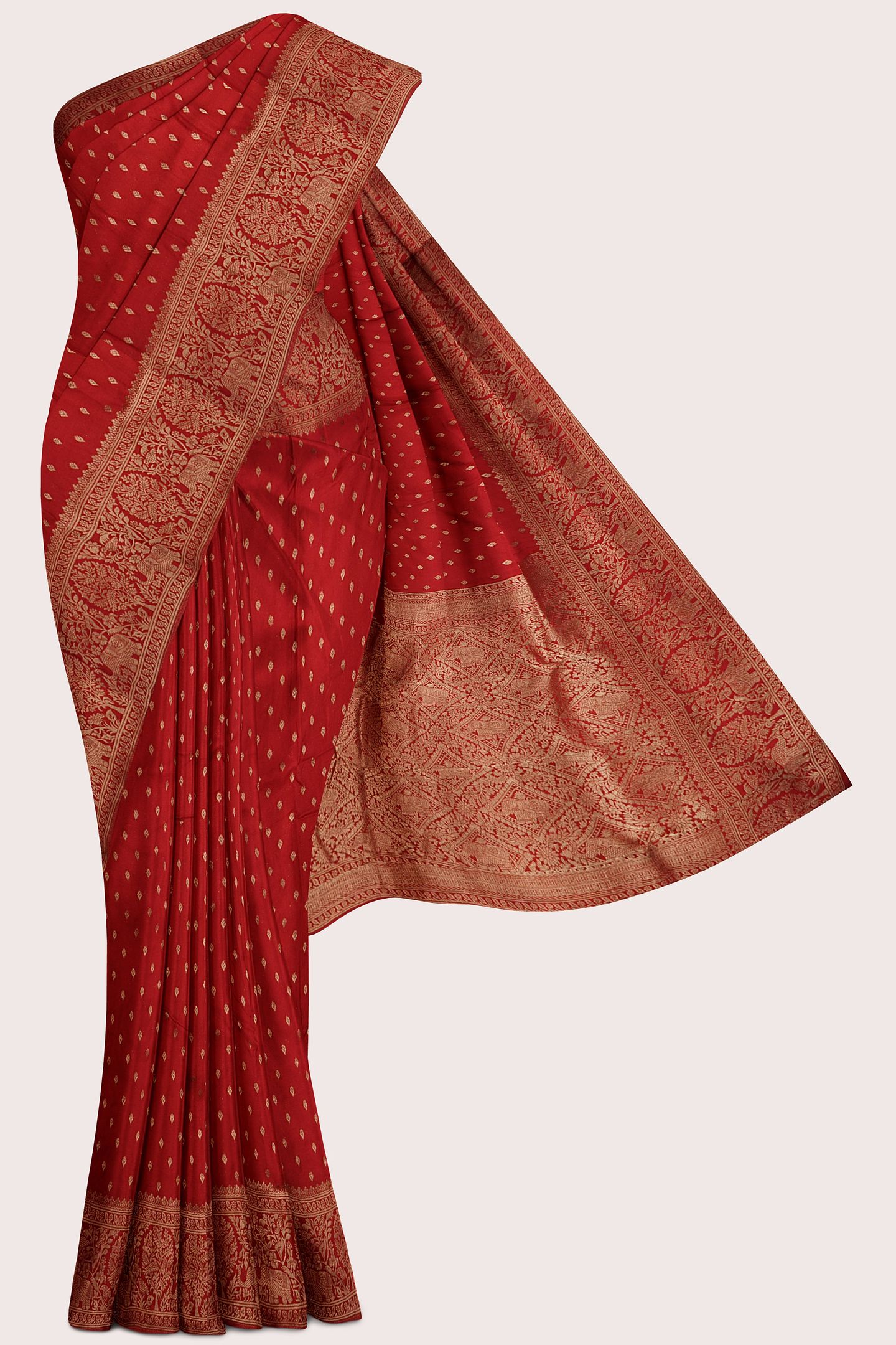 Muslin Georgette Gold Zari Weaving Butta Maroon Red Saree