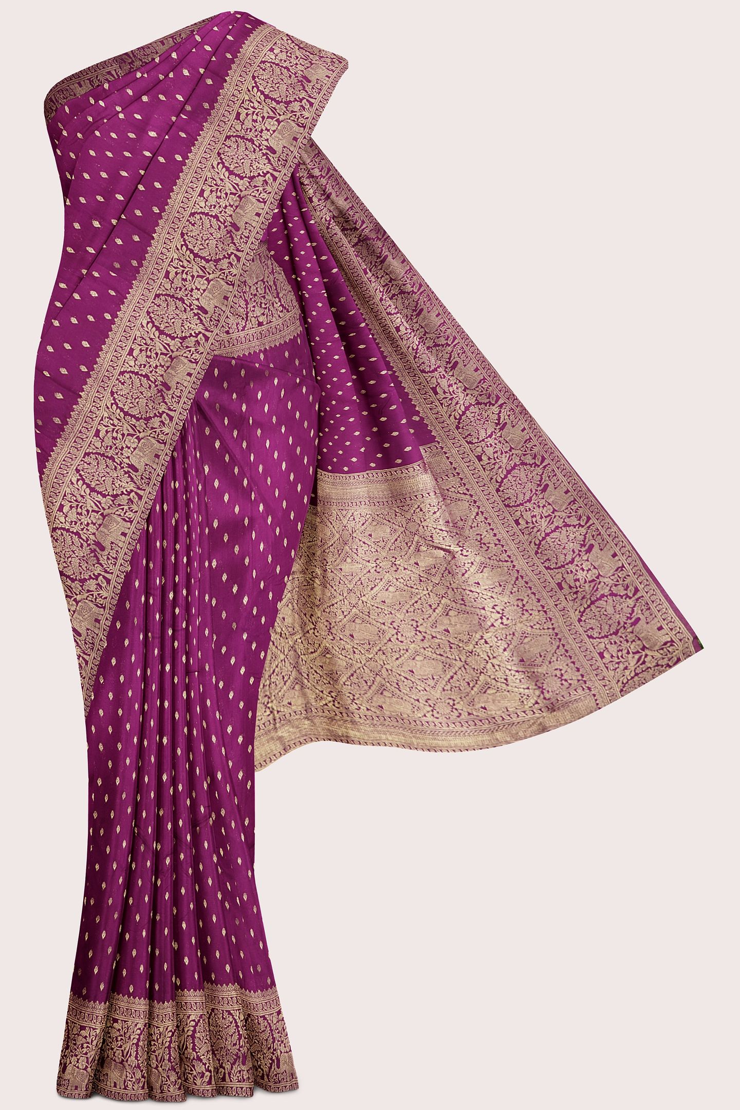 Muslin Georgette Gold Zari Weaving Butta Magenta Pink Saree