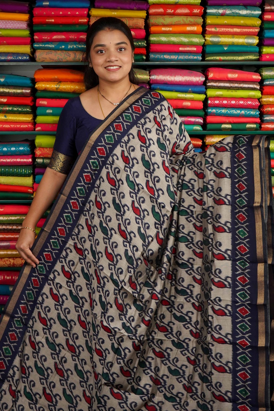 Maheswari Silk Ikkath Design Cream And Dark Blue Saree