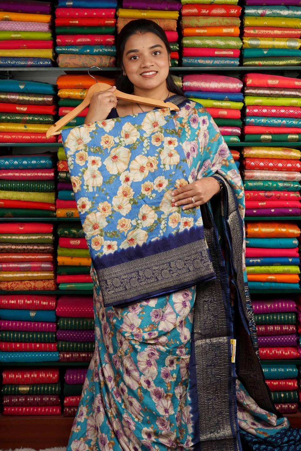 Crushed Silk Printed Design Sky Blue And Navy Blue Saree