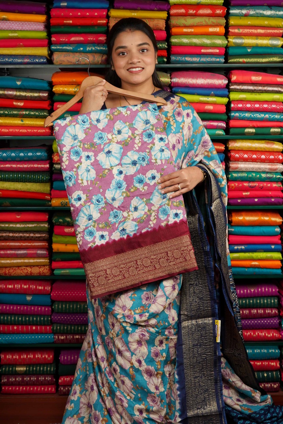 Crushed Silk Printed Design Light Pink And Wine Saree