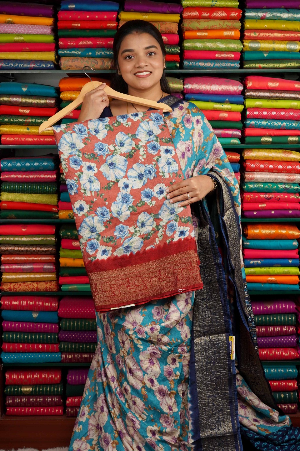 Crushed Silk Printed Design Dark Peach And Dark Maroon Saree