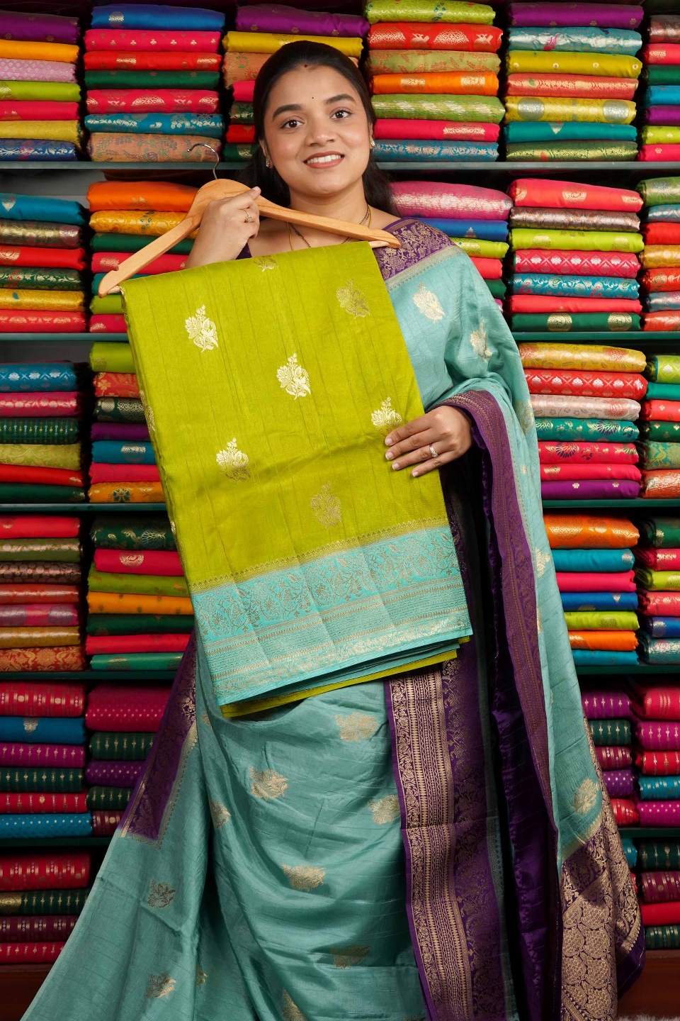 Katan Silk Zari Butta MehandhiGreen And SaeGreen Saree