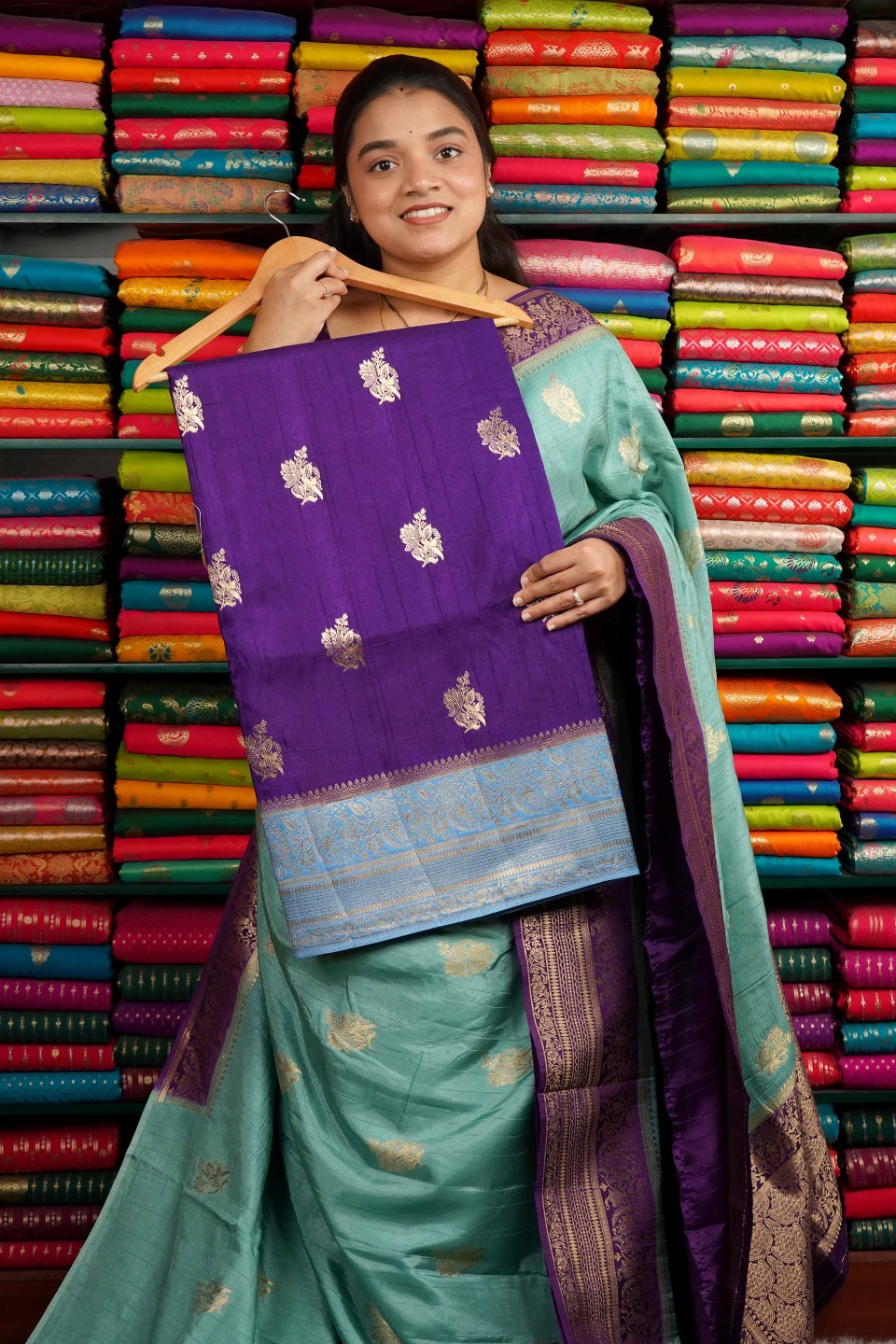 Katan Silk Zari Butta Voilet And Light Blue Saree