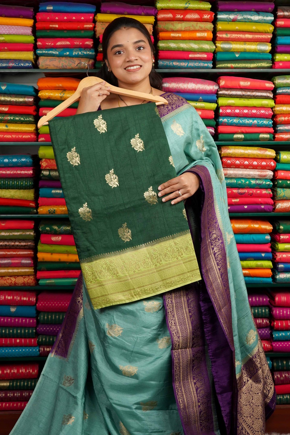 Katan Silk Zari Butta BottleGreen And Light LeafGreen Saree