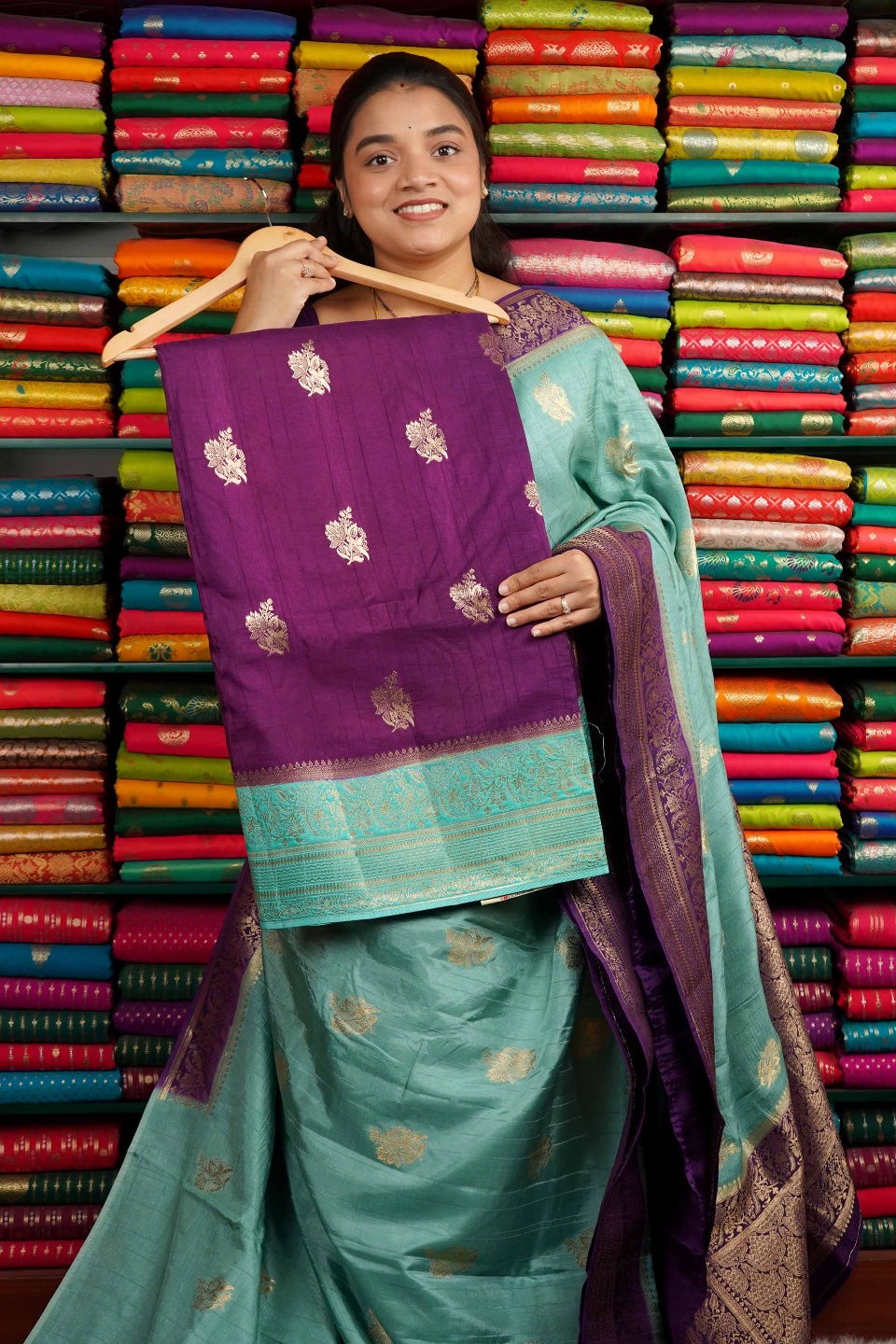 Katan Silk Zari Butta Purple And TeelGreen Saree