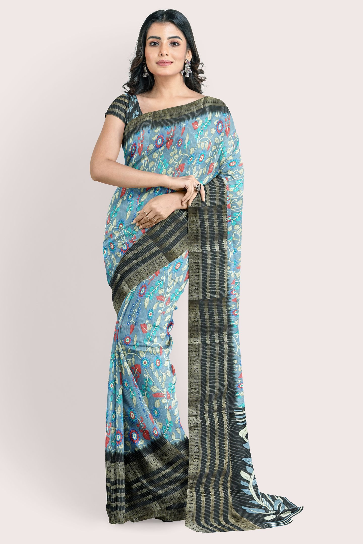 Georgette Badla Zari Kalamkari Print Grayish Blue With Black Saree