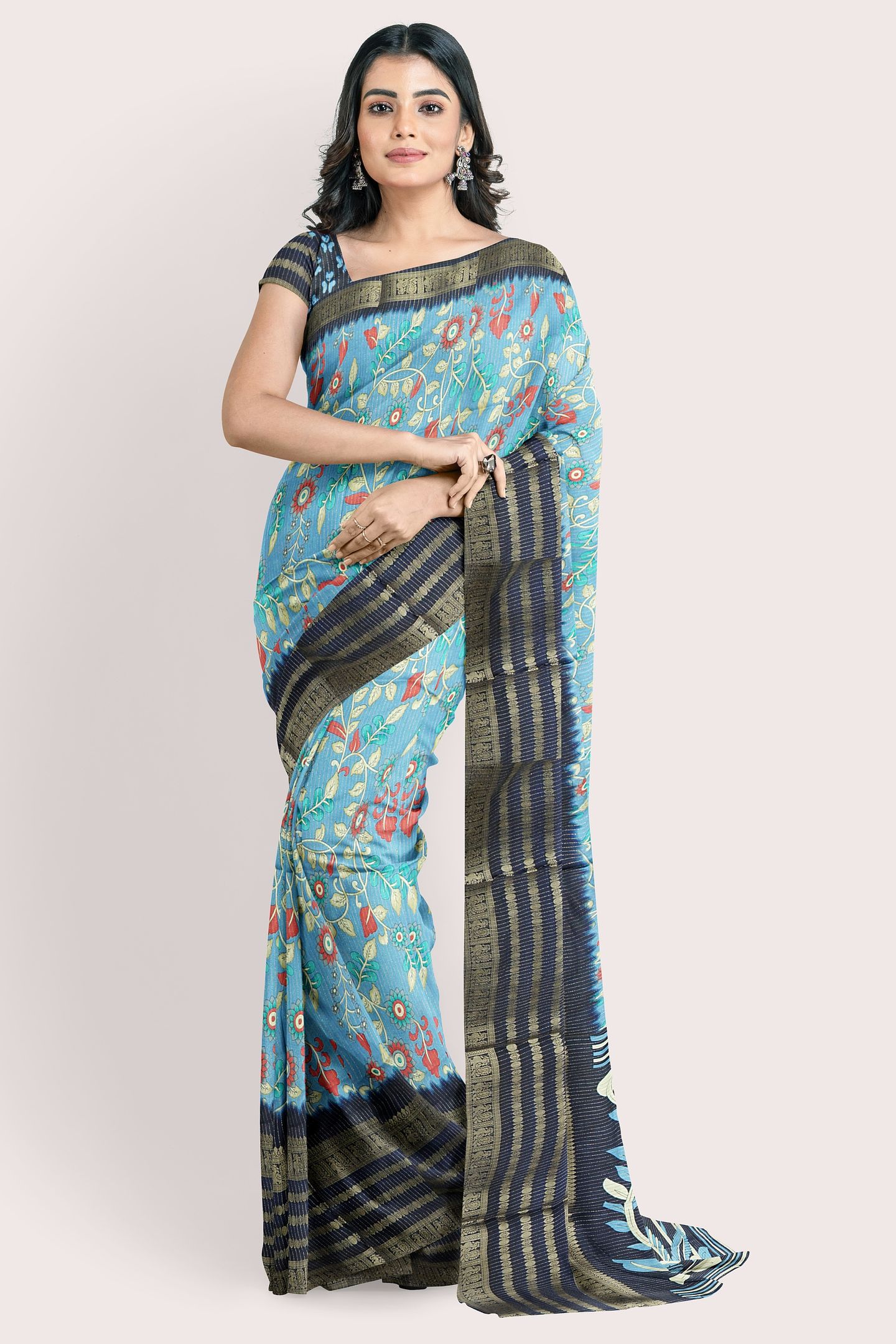 Georgette Badla Zari Kalamkari Print Light Blue With Navy Blue Saree