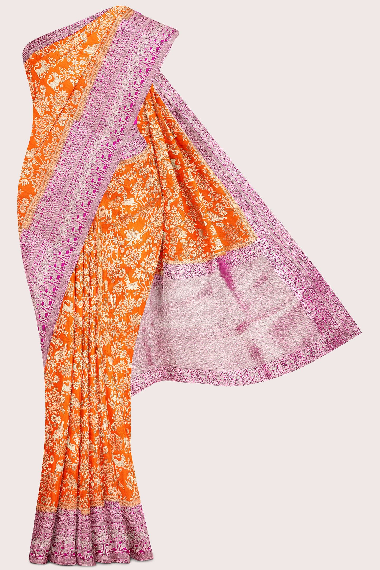 Banaras Georgette Allover Design Orange With Pink Saree